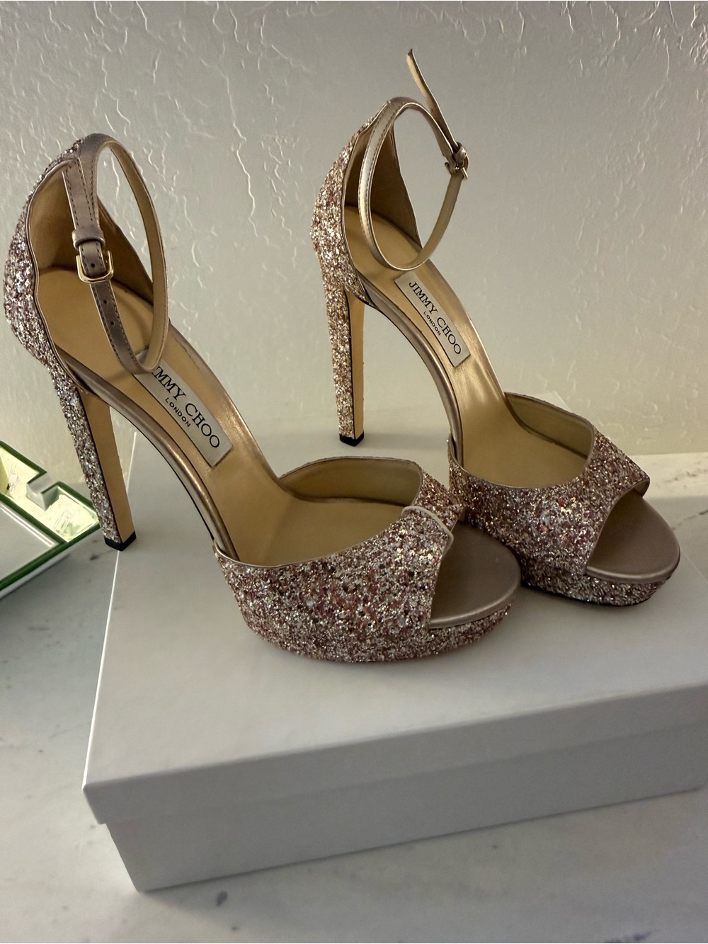 Jimmy Choo Rose Gold Glitter Platform Ankle-Strap Heels
